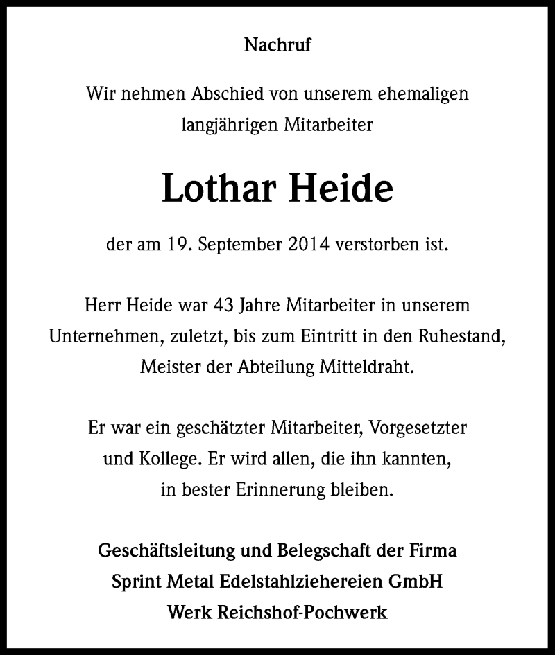  Traueranzeige für Lothar Heide vom 04.10.2014 aus Kölner Stadt-Anzeiger / Kölnische Rundschau / Express
