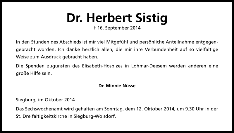  Traueranzeige für Herbert Sistig vom 04.10.2014 aus Kölner Stadt-Anzeiger / Kölnische Rundschau / Express