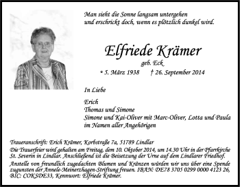 Anzeige von Elfriede Krämer von Kölner Stadt-Anzeiger / Kölnische Rundschau / Express