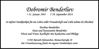 Anzeige von Doromir Benderliev von Kölner Stadt-Anzeiger / Kölnische Rundschau / Express