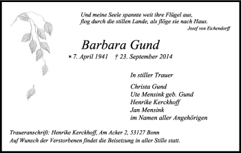 Anzeige von Barbara Gund von Kölner Stadt-Anzeiger / Kölnische Rundschau / Express
