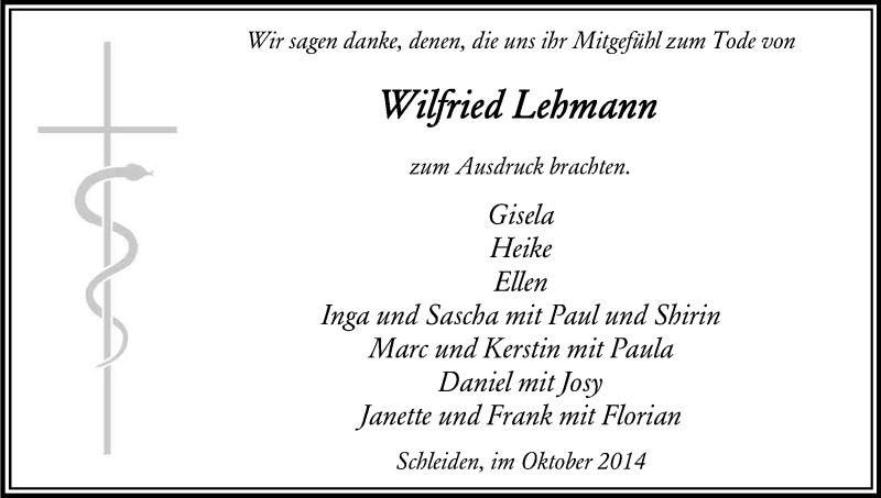  Traueranzeige für Wilfried Lehmann vom 04.10.2014 aus Kölner Stadt-Anzeiger / Kölnische Rundschau / Express