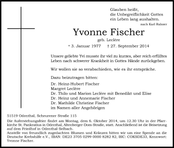 Anzeige von Yvonne Fischer von Kölner Stadt-Anzeiger / Kölnische Rundschau / Express