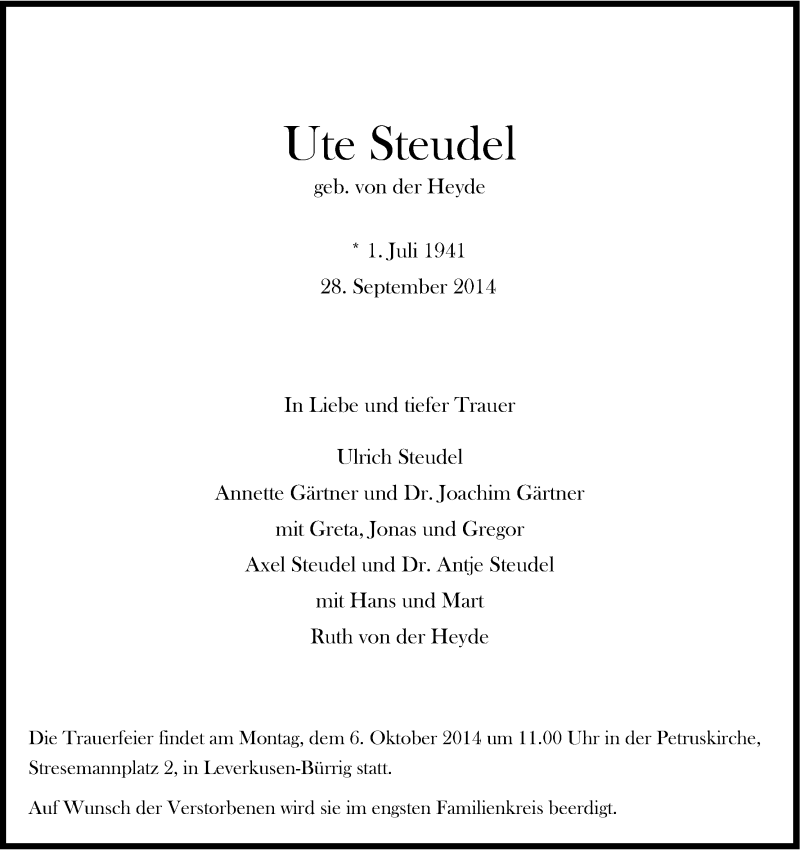  Traueranzeige für Ute Steudel vom 02.10.2014 aus Kölner Stadt-Anzeiger / Kölnische Rundschau / Express