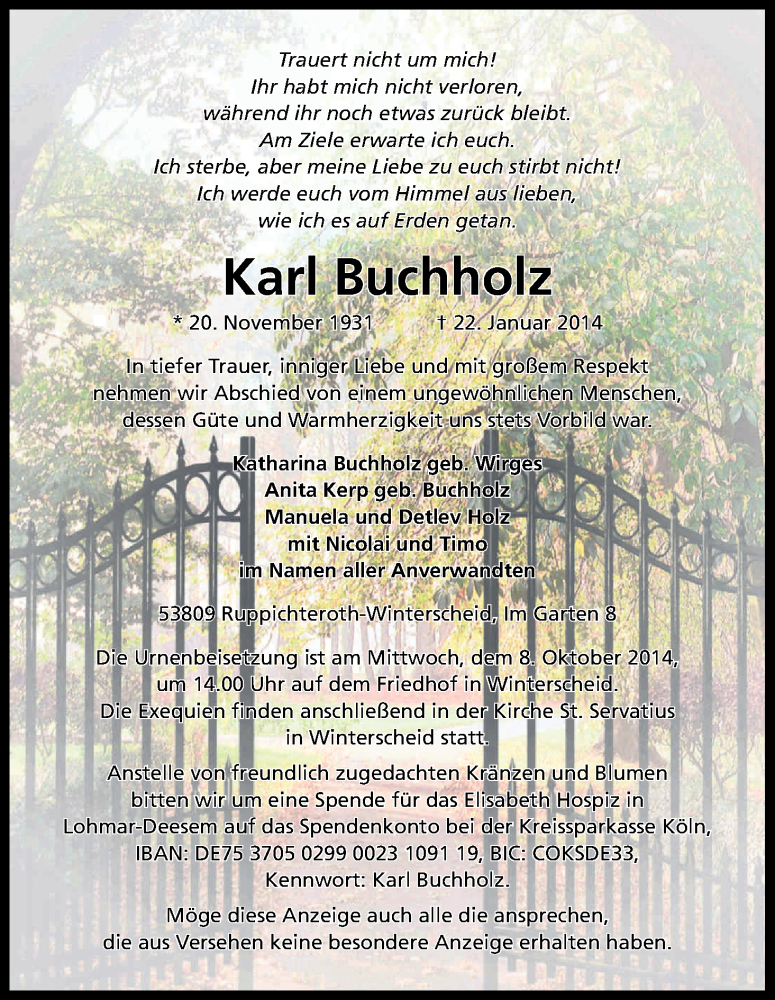  Traueranzeige für Karl Buchholz vom 04.10.2014 aus Kölner Stadt-Anzeiger / Kölnische Rundschau / Express
