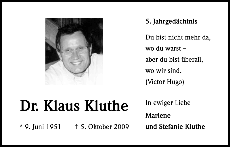  Traueranzeige für Klaus Kluthe vom 04.10.2014 aus Kölner Stadt-Anzeiger / Kölnische Rundschau / Express