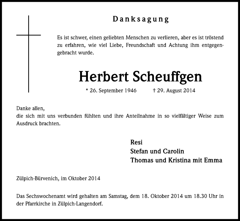  Traueranzeige für Herbert Scheuffgen vom 04.10.2014 aus Kölner Stadt-Anzeiger / Kölnische Rundschau / Express