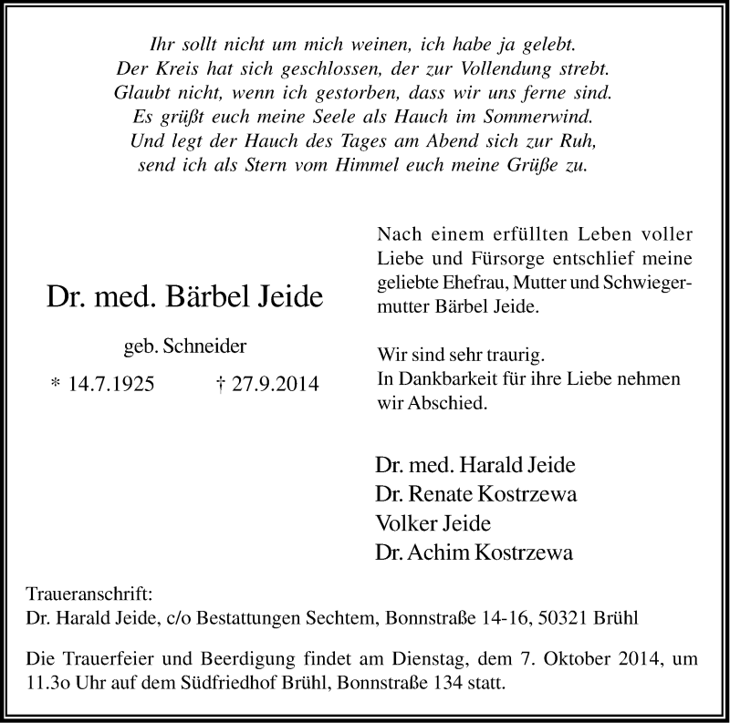  Traueranzeige für Bärbel Jeide vom 02.10.2014 aus Kölner Stadt-Anzeiger / Kölnische Rundschau / Express