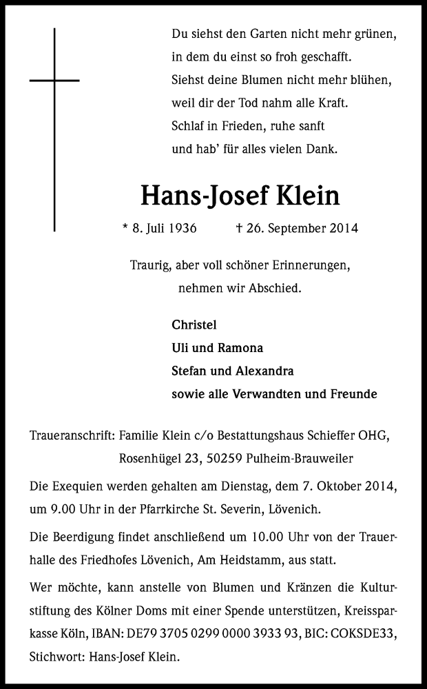  Traueranzeige für Hans-Josef Klein vom 04.10.2014 aus Kölner Stadt-Anzeiger / Kölnische Rundschau / Express