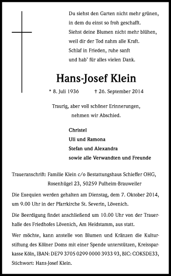 Anzeige von Hans-Josef Klein von Kölner Stadt-Anzeiger / Kölnische Rundschau / Express
