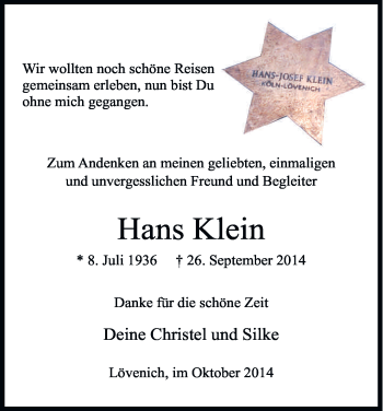 Anzeige von Hans Klein von Kölner Stadt-Anzeiger / Kölnische Rundschau / Express