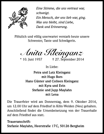 Anzeige von Anita Kleinganz von Kölner Stadt-Anzeiger / Kölnische Rundschau / Express