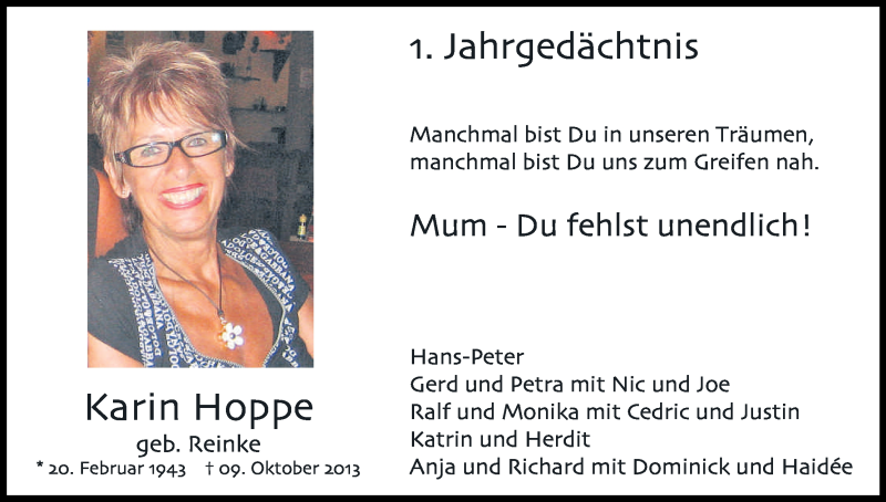  Traueranzeige für Karin Hoppe vom 09.10.2014 aus Kölner Stadt-Anzeiger / Kölnische Rundschau / Express