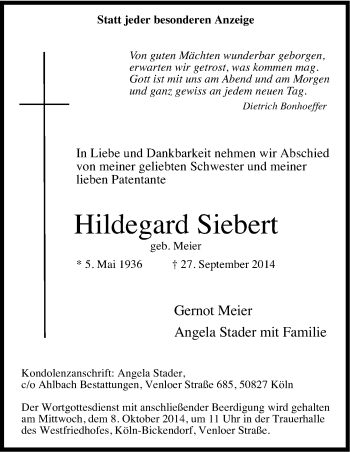 Anzeige von Hildegard Siebert von Kölner Stadt-Anzeiger / Kölnische Rundschau / Express