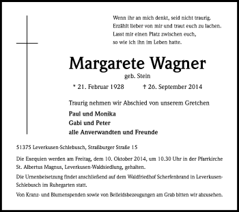 Anzeige von Margarete Wagner von Kölner Stadt-Anzeiger / Kölnische Rundschau / Express