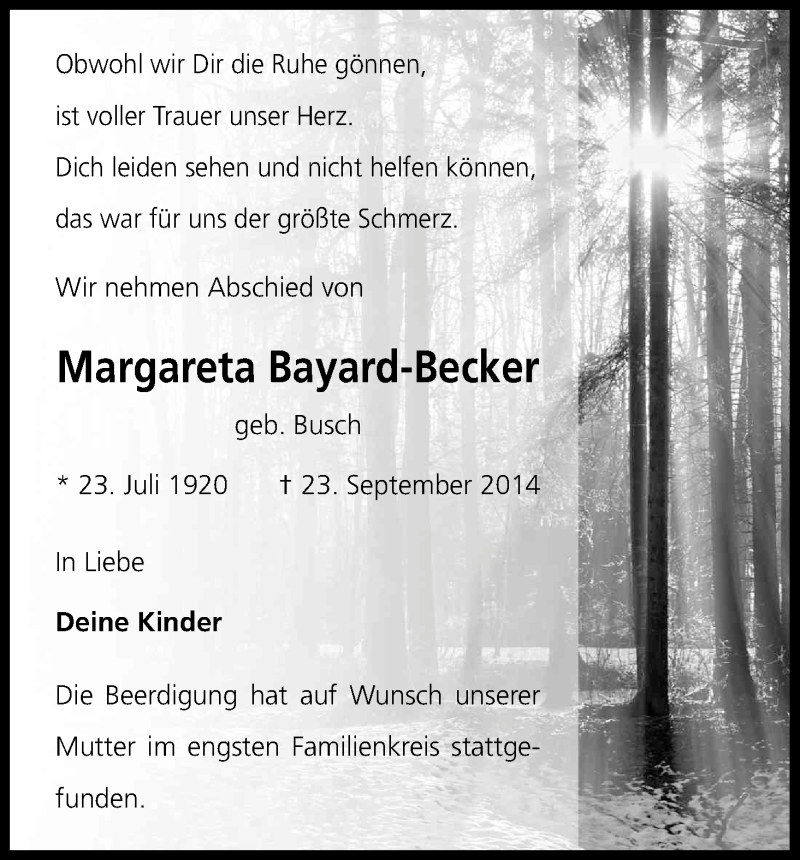  Traueranzeige für Margareta Bayard-Becker vom 04.10.2014 aus Kölner Stadt-Anzeiger / Kölnische Rundschau / Express