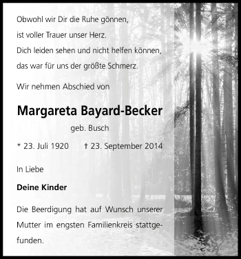 Anzeige von Margareta Bayard-Becker von Kölner Stadt-Anzeiger / Kölnische Rundschau / Express