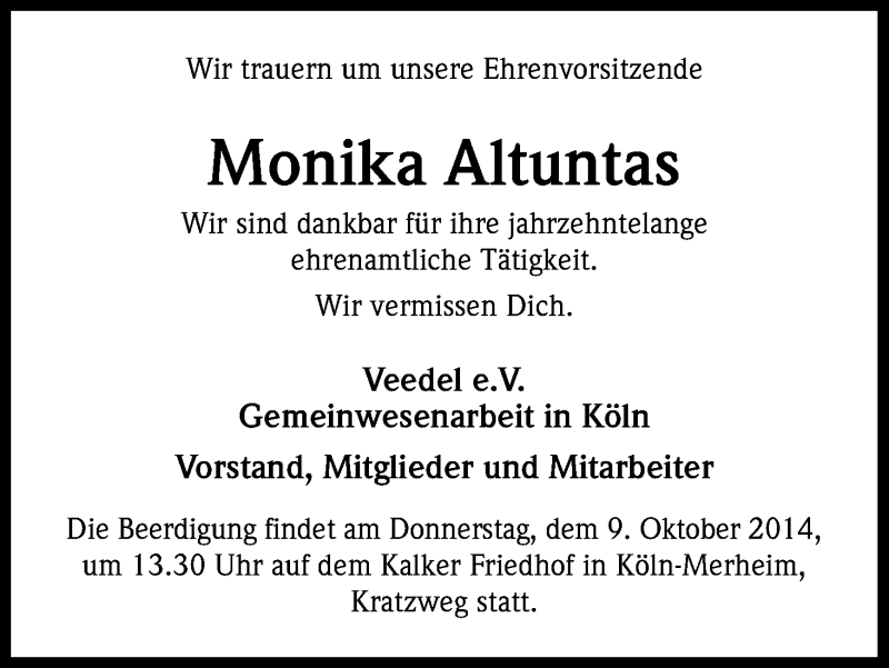  Traueranzeige für Monika Altuntas vom 06.10.2014 aus Kölner Stadt-Anzeiger / Kölnische Rundschau / Express