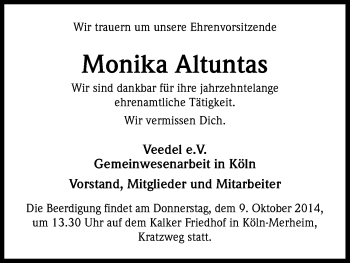 Anzeige von Monika Altuntas von Kölner Stadt-Anzeiger / Kölnische Rundschau / Express
