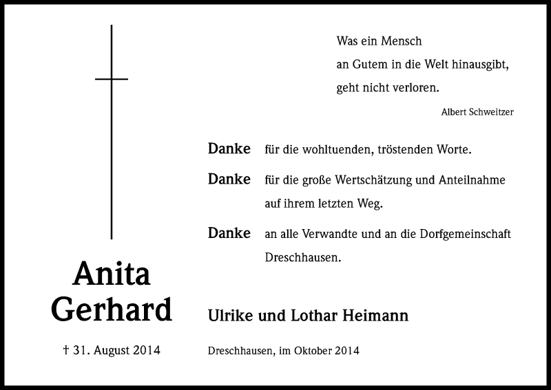  Traueranzeige für Anita Gerhard vom 04.10.2014 aus Kölner Stadt-Anzeiger / Kölnische Rundschau / Express