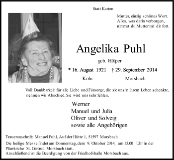 Anzeige von Angelika Puhl von Kölner Stadt-Anzeiger / Kölnische Rundschau / Express