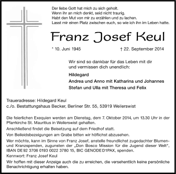 Anzeige von Franz Josef Keul von Kölner Stadt-Anzeiger / Kölnische Rundschau / Express