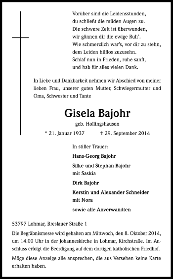 Anzeige von Gisela Bajohr von Kölner Stadt-Anzeiger / Kölnische Rundschau / Express