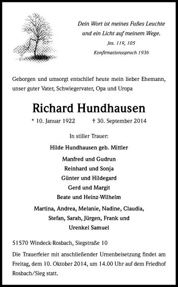 Anzeige von Richard Hundhausen von Kölner Stadt-Anzeiger / Kölnische Rundschau / Express