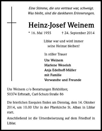 Anzeige von Heinz-Josef Weinen von Kölner Stadt-Anzeiger / Kölnische Rundschau / Express