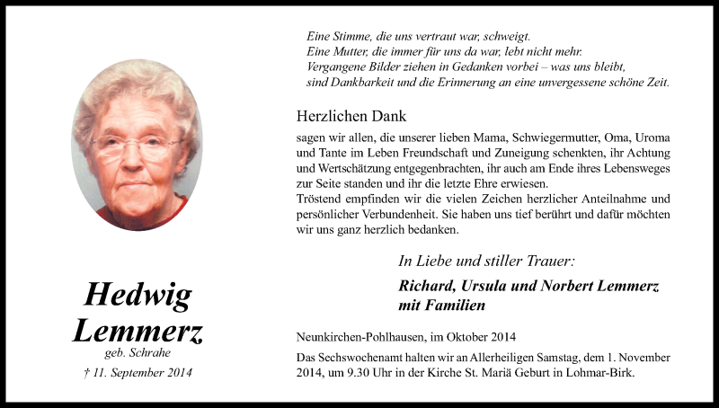  Traueranzeige für Hedwig Lemmerz vom 11.10.2014 aus Kölner Stadt-Anzeiger / Kölnische Rundschau / Express