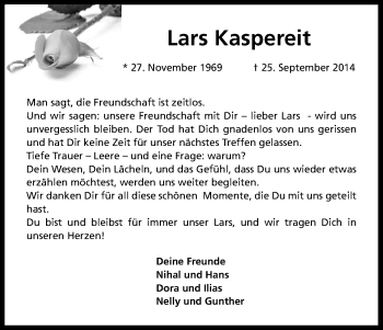 Anzeige von Lars Kaspereit von Kölner Stadt-Anzeiger / Kölnische Rundschau / Express