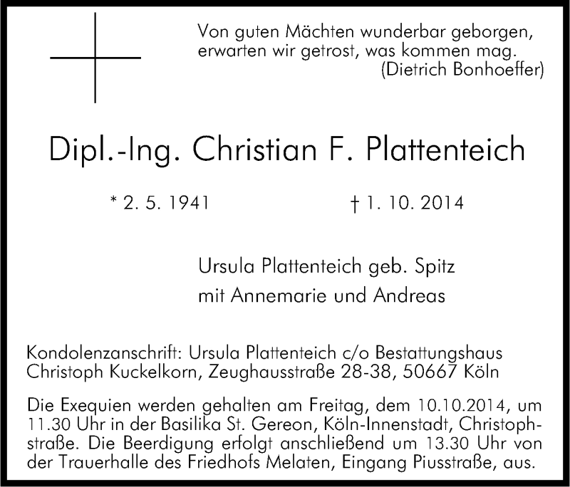  Traueranzeige für Christian F. Plattenteich vom 07.10.2014 aus Kölner Stadt-Anzeiger / Kölnische Rundschau / Express