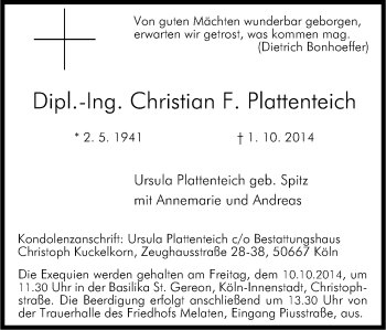 Anzeige von Christian F. Plattenteich von Kölner Stadt-Anzeiger / Kölnische Rundschau / Express