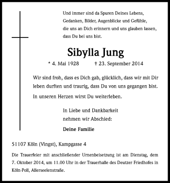 Anzeige von Sibylla Jung von Kölner Stadt-Anzeiger / Kölnische Rundschau / Express