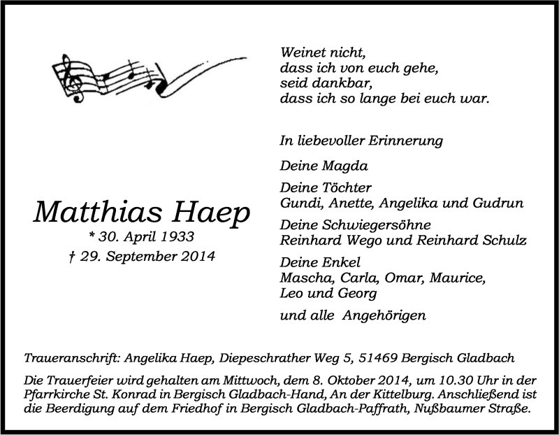  Traueranzeige für Matthias Haep vom 04.10.2014 aus Kölner Stadt-Anzeiger / Kölnische Rundschau / Express