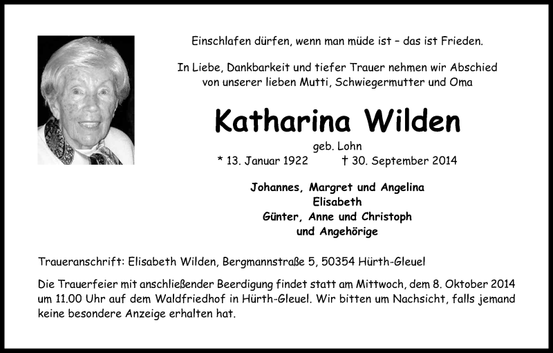  Traueranzeige für Katharina Wilden vom 04.10.2014 aus Kölner Stadt-Anzeiger / Kölnische Rundschau / Express