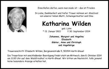 Anzeige von Katharina Wilden von Kölner Stadt-Anzeiger / Kölnische Rundschau / Express