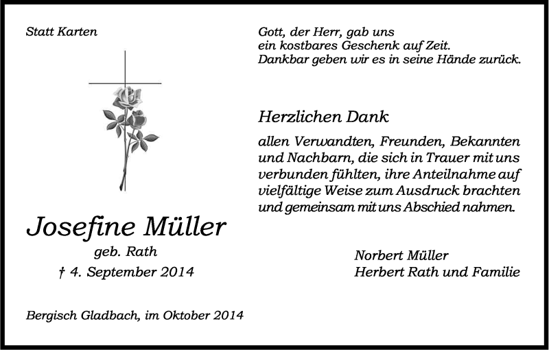  Traueranzeige für Josefine Müller vom 04.10.2014 aus Kölner Stadt-Anzeiger / Kölnische Rundschau / Express