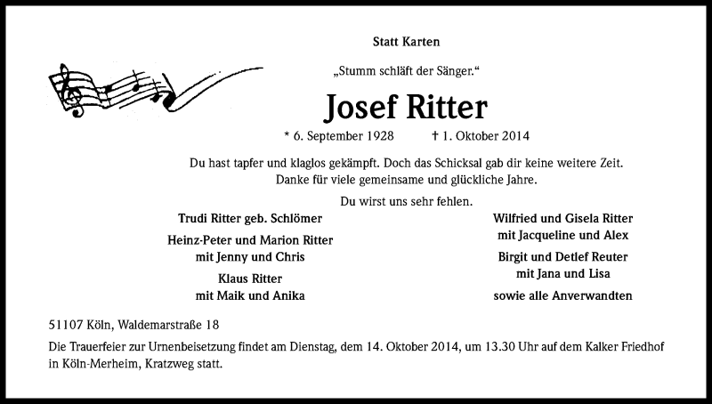  Traueranzeige für Josef Ritter vom 04.10.2014 aus Kölner Stadt-Anzeiger / Kölnische Rundschau / Express