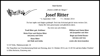 Anzeige von Josef Ritter von Kölner Stadt-Anzeiger / Kölnische Rundschau / Express