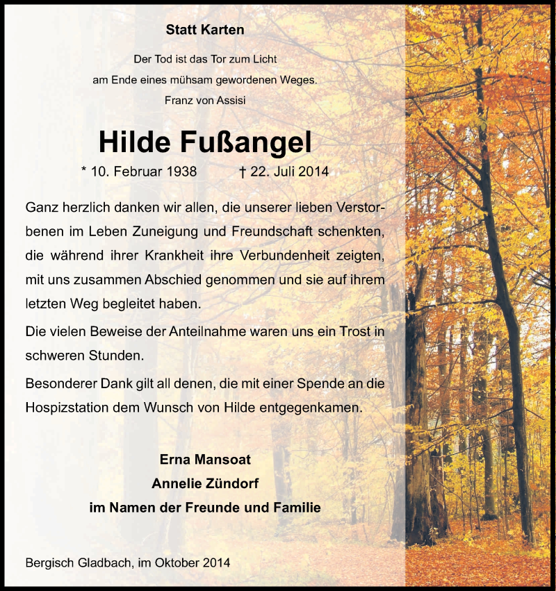  Traueranzeige für Hilde Fußangel vom 11.10.2014 aus Kölner Stadt-Anzeiger / Kölnische Rundschau / Express