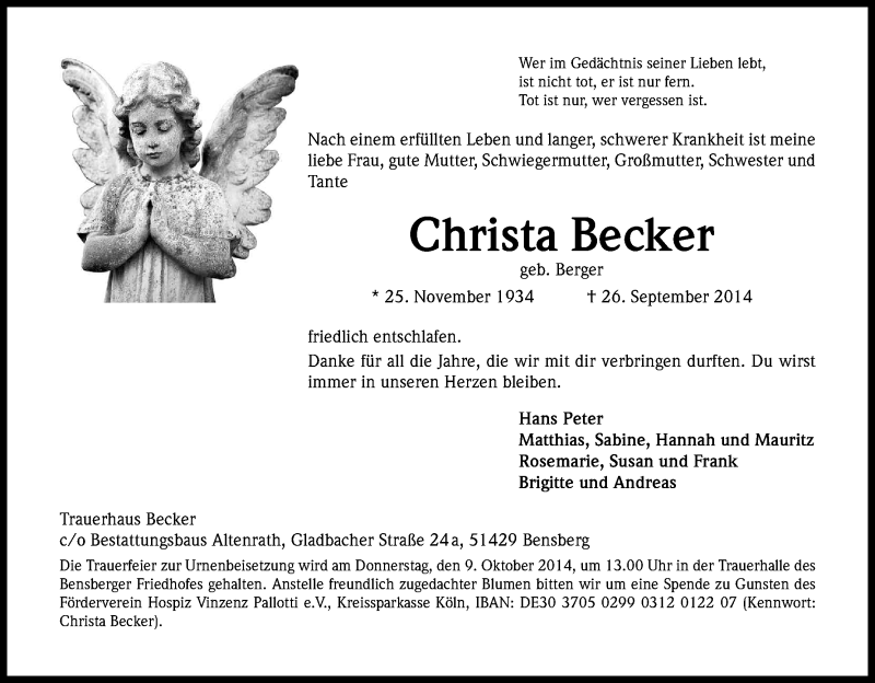  Traueranzeige für Christa Becker vom 04.10.2014 aus Kölner Stadt-Anzeiger / Kölnische Rundschau / Express
