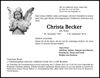 Anzeige von Christa Becker von Kölner Stadt-Anzeiger / Kölnische Rundschau / Express