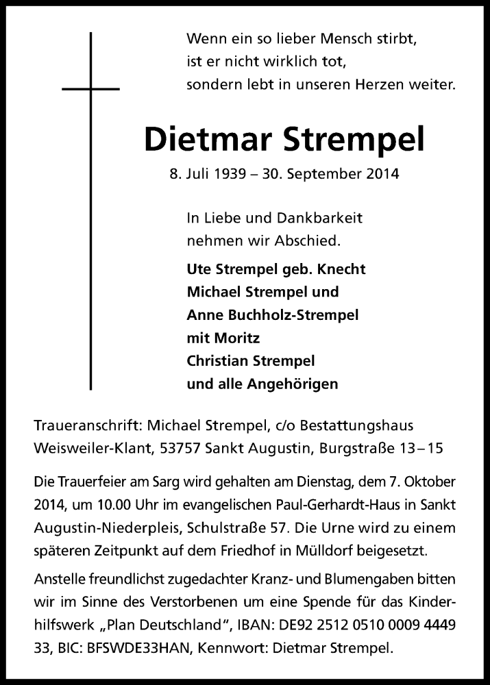  Traueranzeige für Dietmar Strempel vom 04.10.2014 aus Kölner Stadt-Anzeiger / Kölnische Rundschau / Express