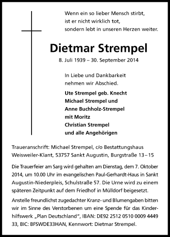 Anzeige von Dietmar Strempel von Kölner Stadt-Anzeiger / Kölnische Rundschau / Express