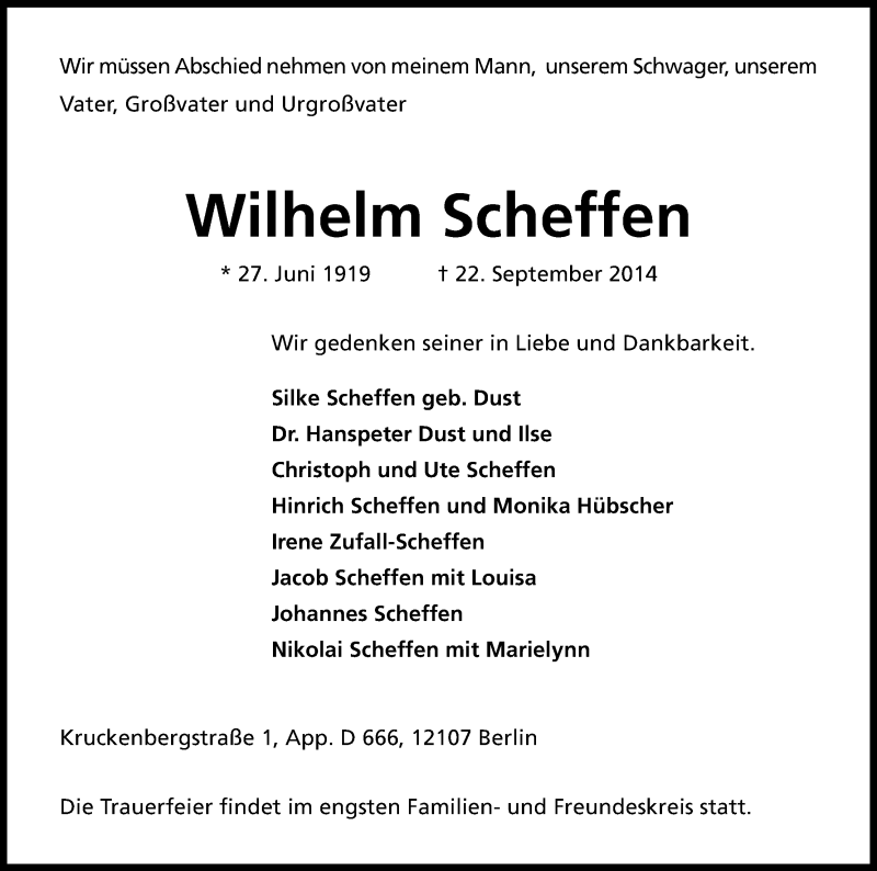  Traueranzeige für Wilhelm Scheffen vom 04.10.2014 aus Kölner Stadt-Anzeiger / Kölnische Rundschau / Express