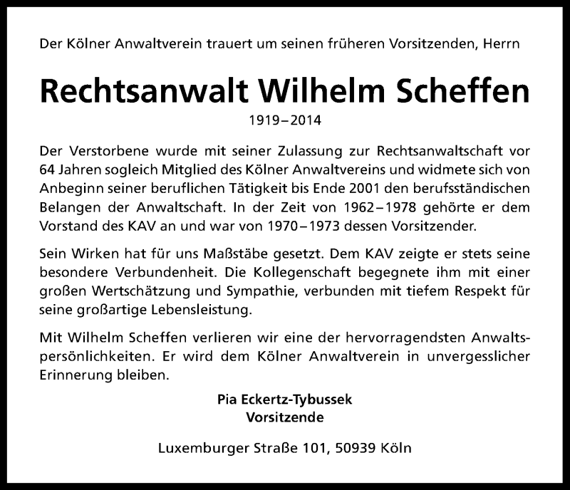  Traueranzeige für Wilhelm Scheffen vom 04.10.2014 aus Kölner Stadt-Anzeiger / Kölnische Rundschau / Express