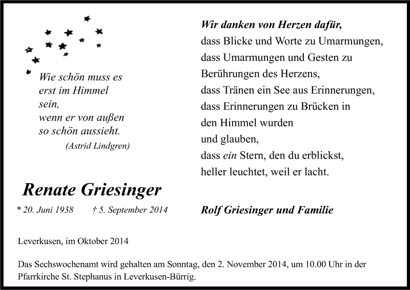  Traueranzeige für Renate Griesinger vom 04.10.2014 aus Kölner Stadt-Anzeiger / Kölnische Rundschau / Express