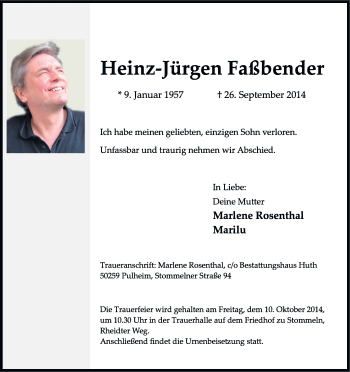 Anzeige von Heinz-Jürgen Faßbender von Kölner Stadt-Anzeiger / Kölnische Rundschau / Express