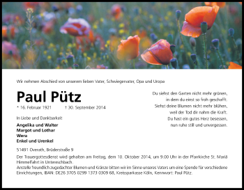 Anzeige von Paul Pütz von Kölner Stadt-Anzeiger / Kölnische Rundschau / Express